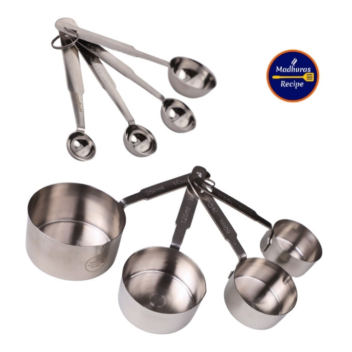 Madhura’s Recipe Stainless Steel Measuring Cups & Spoons set for Cooking & Baking – 4 stackable Cups & 4 Spoons