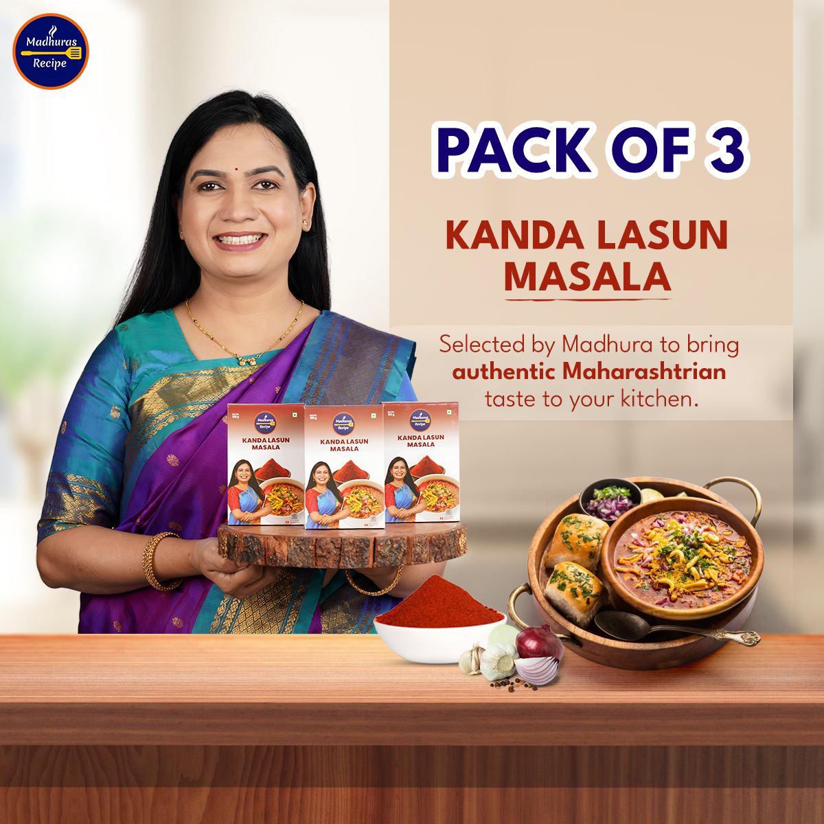 Madhura’s Recipe Kanda Lasun Masala – The Heart of Maharashtrian Flavors - Pack Of 3, 100gm Each