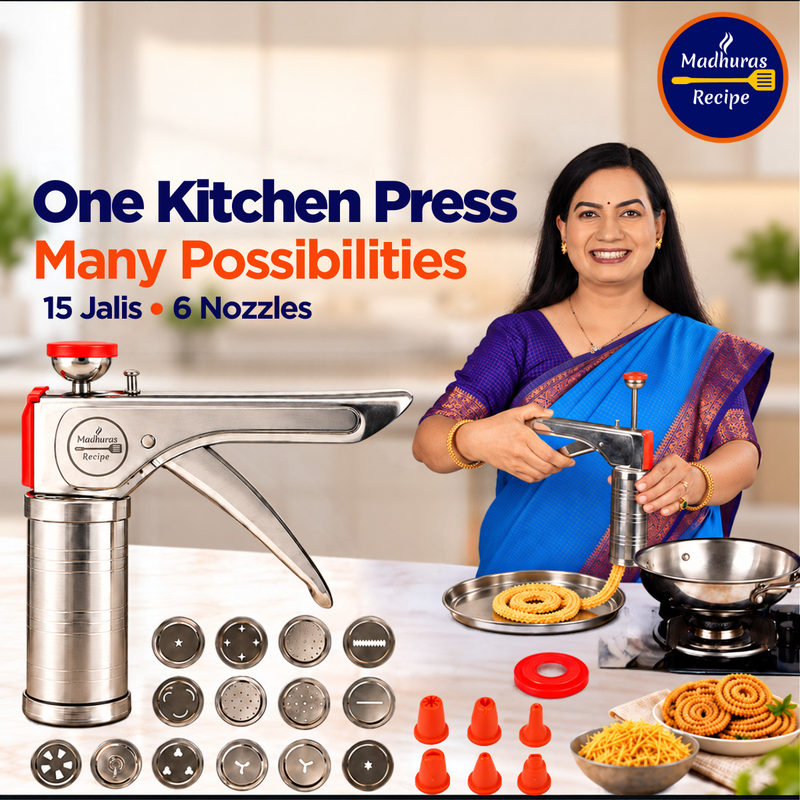 Madhura’s Recipe Stainless Steel Kitchen Press – 15 Jalis + 6 Nozzles