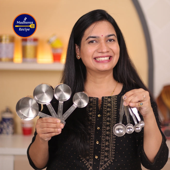 Madhura’s Recipe Stainless Steel Measuring Cups & Spoons set for Cooking & Baking – 4 stackable Cups & 4 Spoons