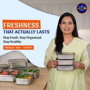 Madhuras Recipe Stainless Steel Medium Size (1200ml) Fridge Storage Containers (Pack of 3) – Airtight Steel containers perfect for Coriander, Curry Leaves, Fruits & Vegetables – Food Grade, Freeze Safe & Stackable