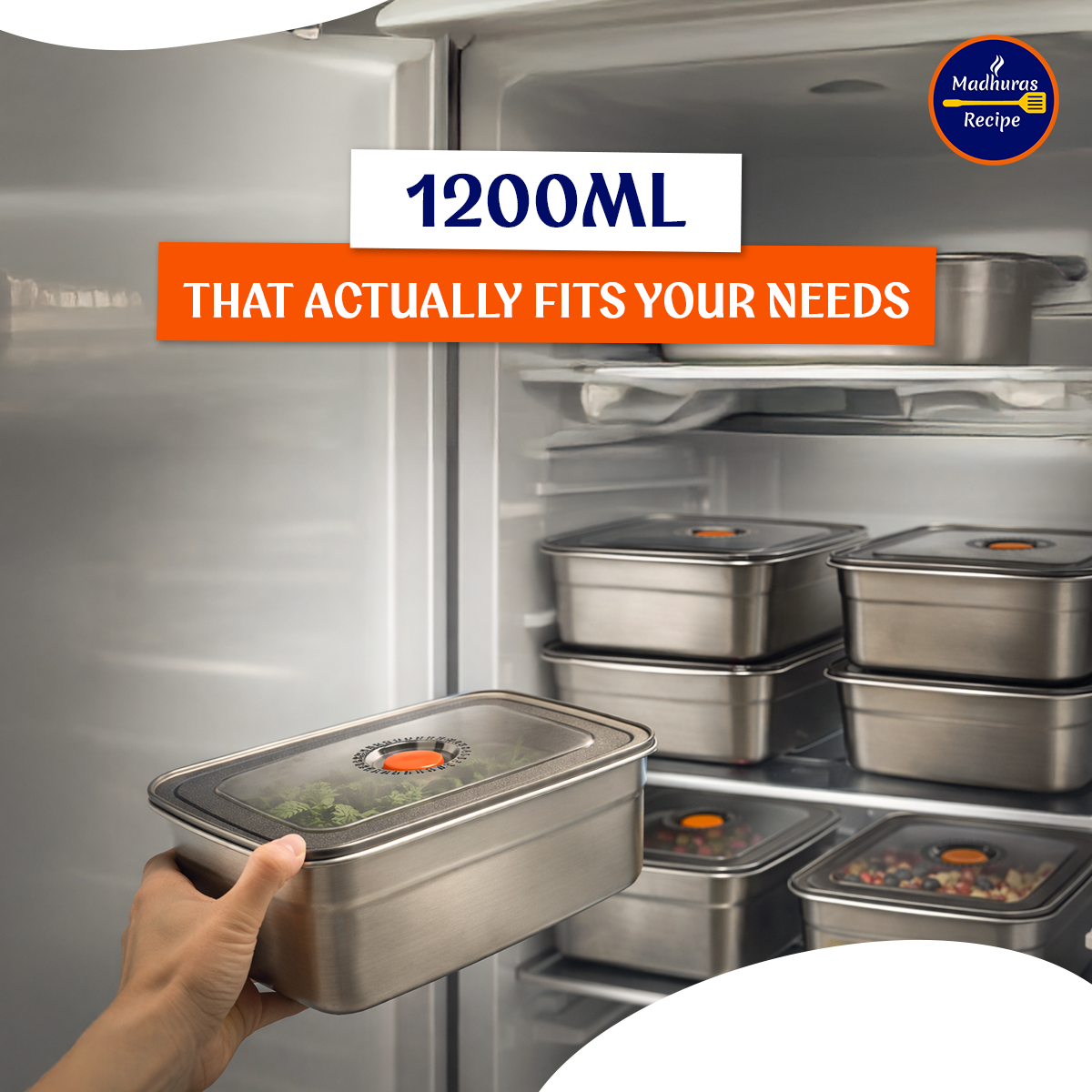 Madhuras Recipe Stainless Steel Medium Size (1200ml) Fridge Storage Containers (Pack of 3) – Airtight Steel containers perfect for Coriander, Curry Leaves, Fruits & Vegetables – Food Grade, Freeze Safe & Stackable