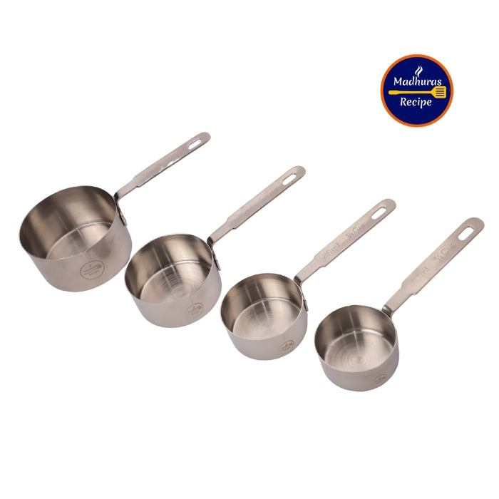 Madhura’s Recipe Stainless Steel Measuring Cups & Spoons set for Cooking & Baking – 4 stackable Cups & 4 Spoons with Measurement Engraved Handles