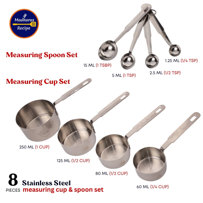 Madhura’s Recipe Stainless Steel Measuring Cups & Spoons set for Cooking & Baking – 4 stackable Cups & 4 Spoons with Measurement Engraved Handles