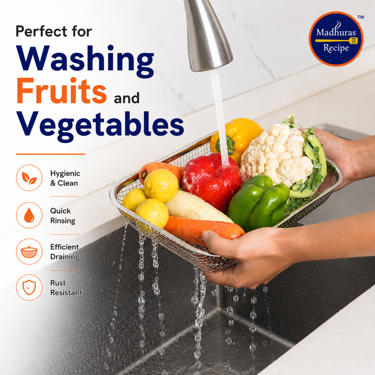 Madhura's Recipe Stainless Steel Vegetable Basket & Frying Oil Strainer Basket | Multipurpose Fruit & Vegetable Washing Basket