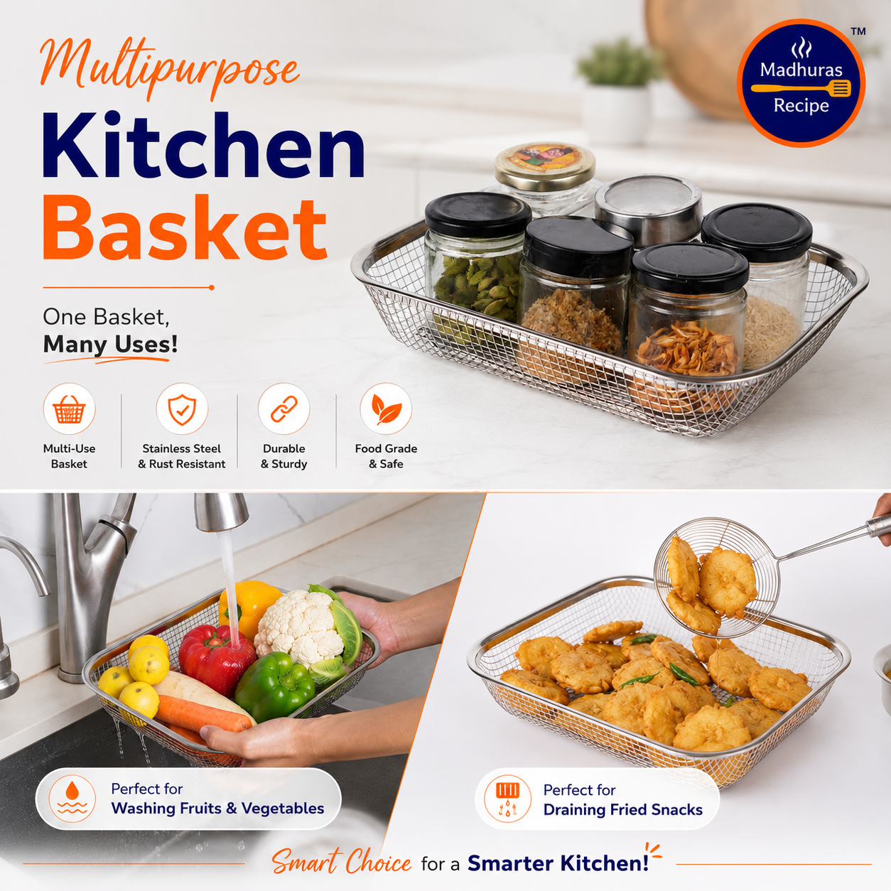 Madhura's Recipe Stainless Steel Vegetable Basket & Frying Oil Strainer Basket | Multipurpose Fruit & Vegetable Washing Basket