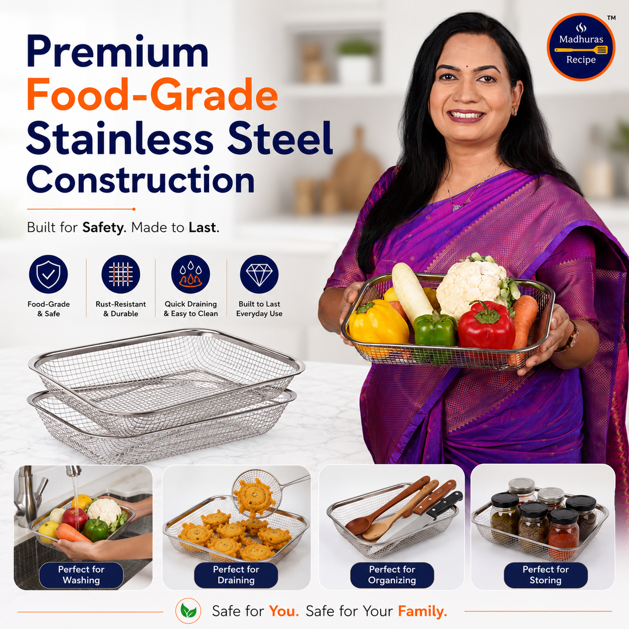 Madhura's Recipe Stainless Steel Vegetable Basket & Frying Oil Strainer Basket | Multipurpose Fruit & Vegetable Washing Basket