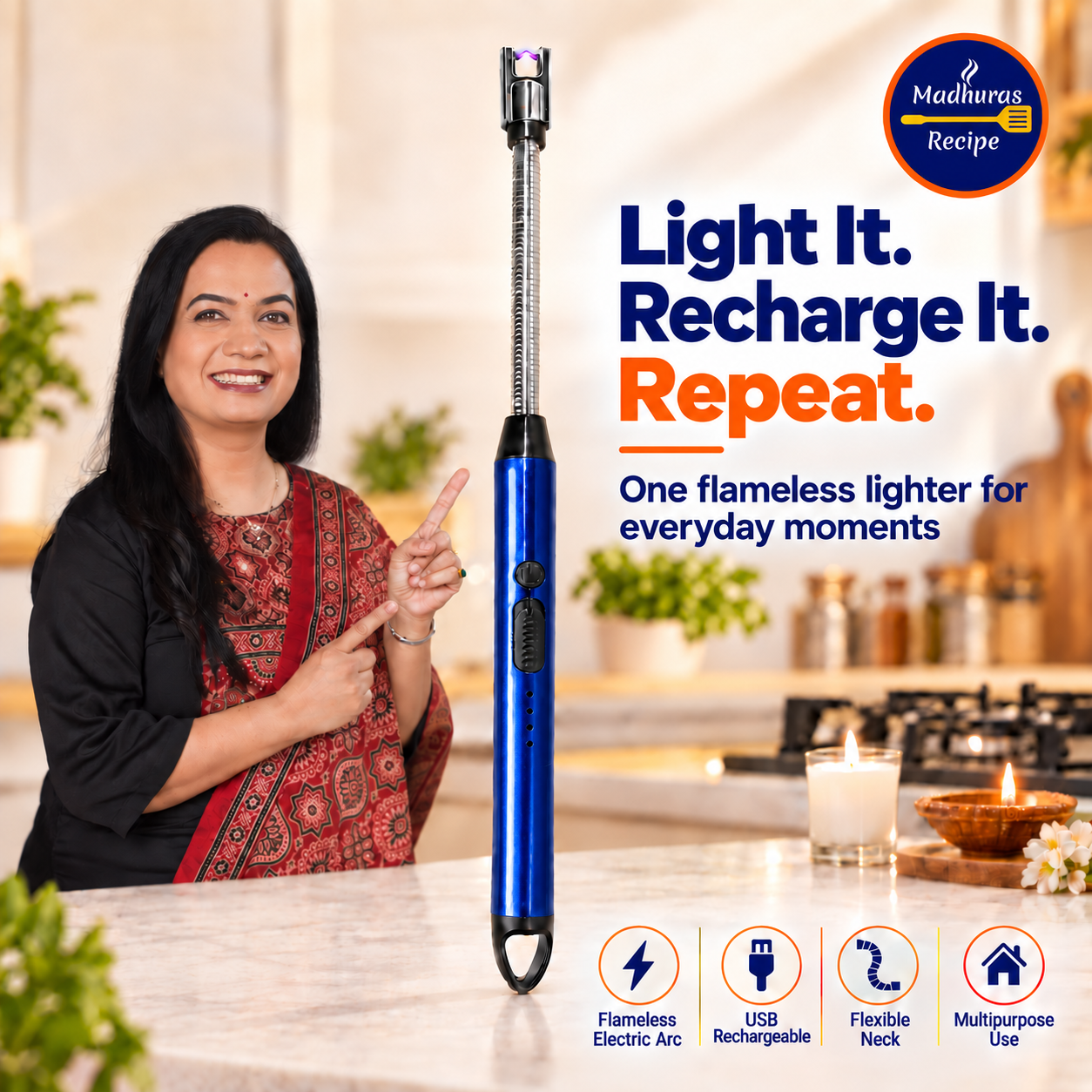 Madhura’s Recipe USB Rechargeable Electric Lighter | Flameless Arc Kitchen & Candle Lighter