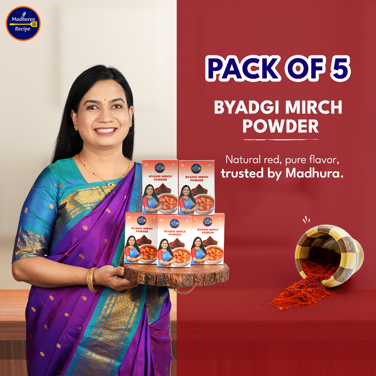 Madhura’s Recipe Byadgi Mirch Powder – The Heart of Maharashtrian Cooking - Pack Of 5, 100gm Each