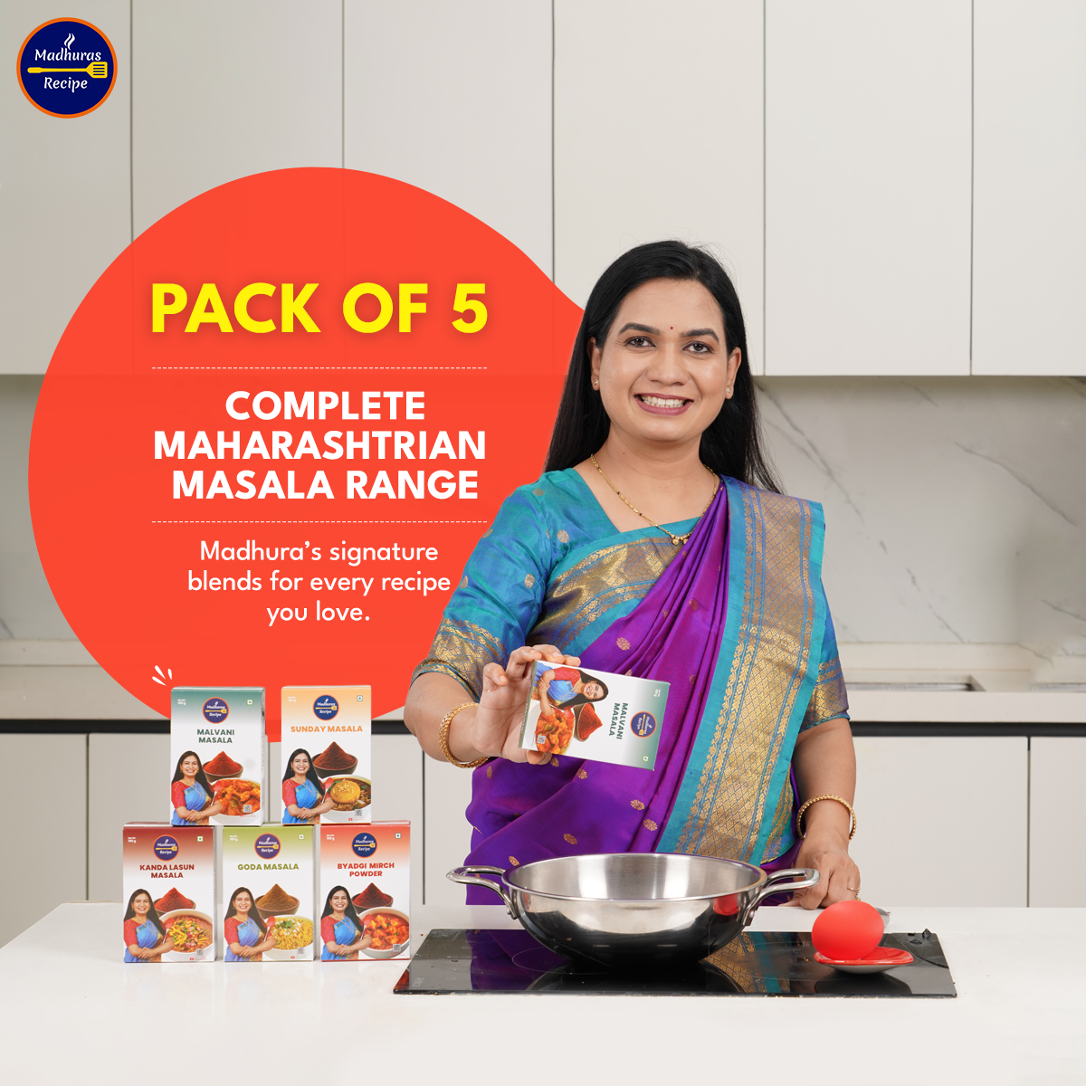 Madhura’s Recipe Premium Combo Pack of 5 – Kanda Lasun, Goda, Byadgi Mirch, Malvani, Sunday Masala