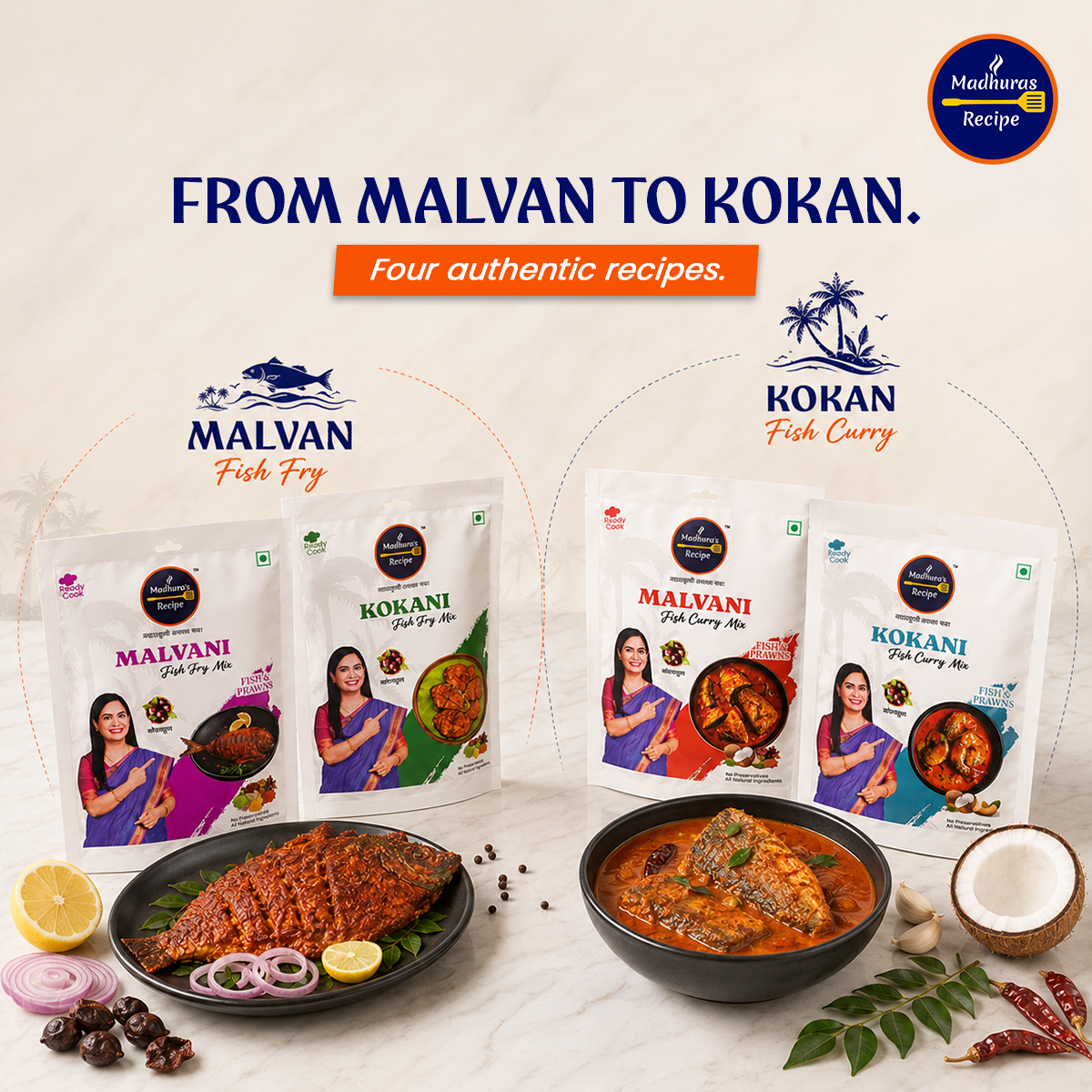 Madhura's Recipe Premium Fish Premix Combo Pack of 4 | Malvani & Kokani Fish Fry & Fish Curry Mix | Ready-to-Cook Maharashtrian Seafood Premix