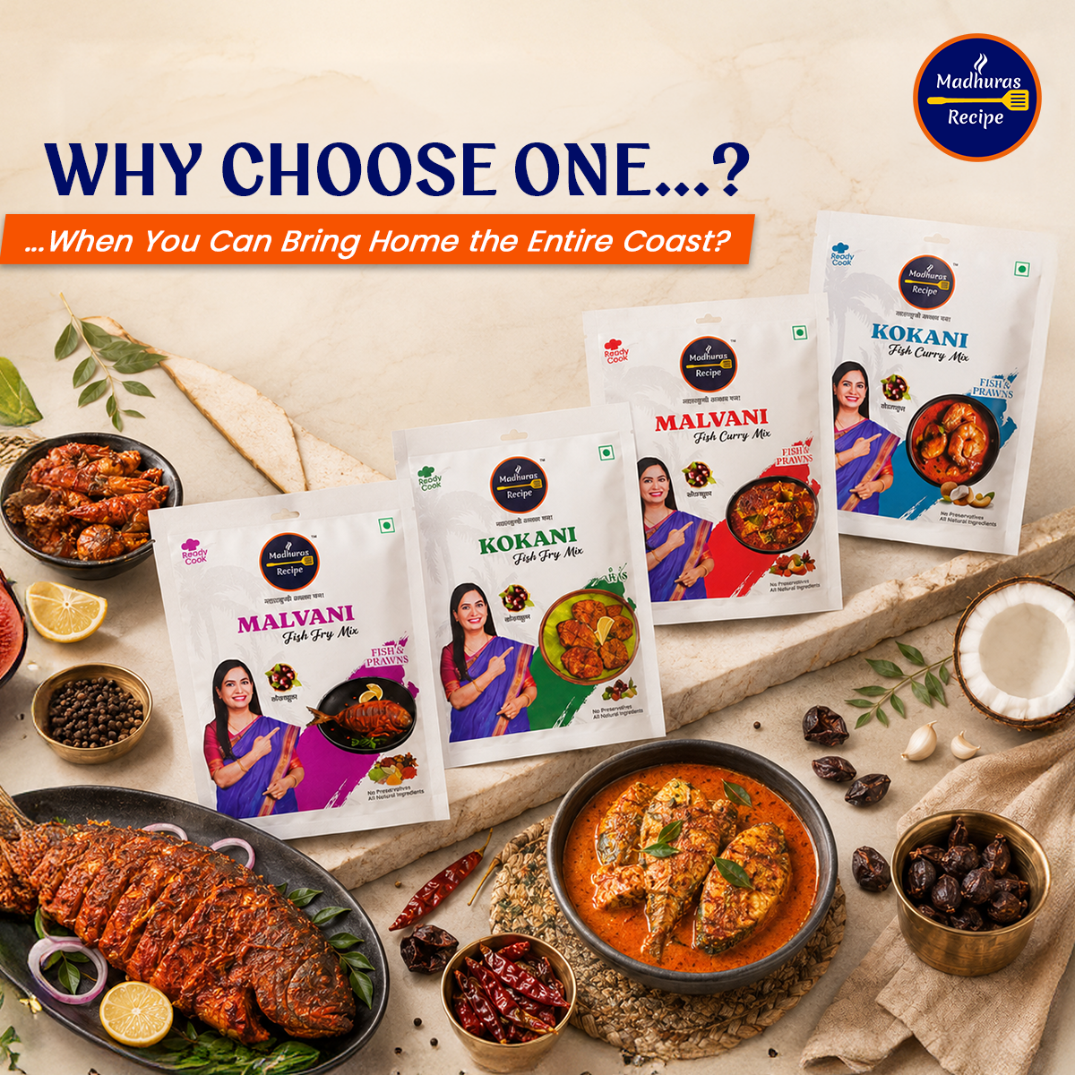 Madhura's Recipe Premium Fish Premix Combo Pack of 4 | Malvani & Kokani Fish Fry & Fish Curry Mix | Ready-to-Cook Maharashtrian Seafood Premix