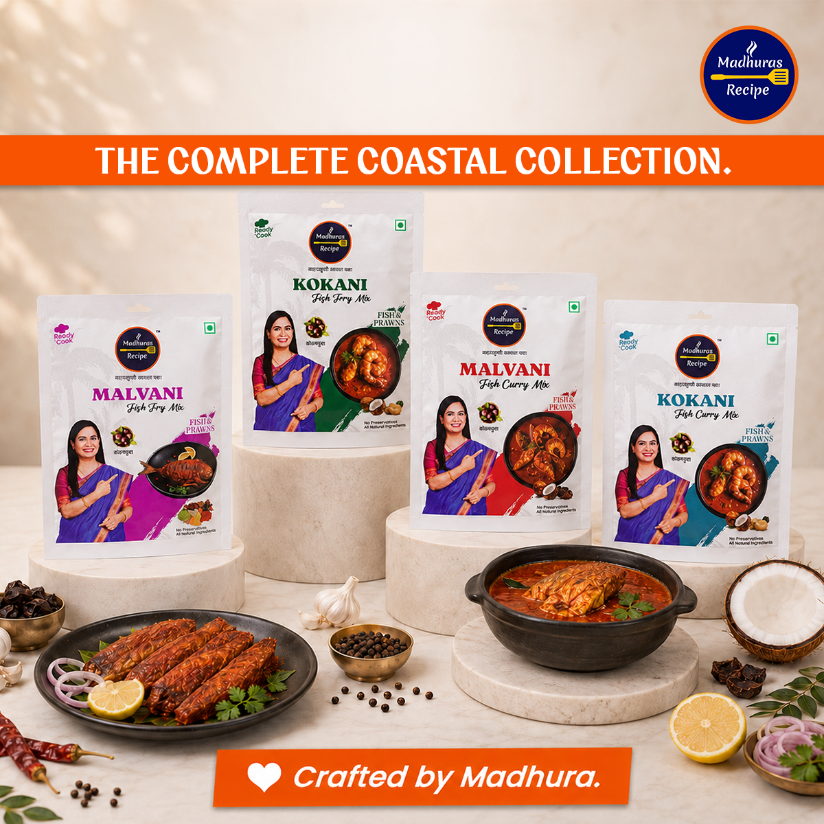Madhura's Recipe Premium Fish Premix Combo Pack of 4 | Malvani & Kokani Fish Fry & Fish Curry Mix | Ready-to-Cook Maharashtrian Seafood Premix