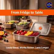 Madhuras Recipe Stainless Steel Medium Size (1000ml) Fridge Storage Containers (Pack of 3) – Airtight Steel containers perfect for Coriander, Curry Leaves, Fruits & Vegetables – Food Grade, Freeze Safe & Stackable