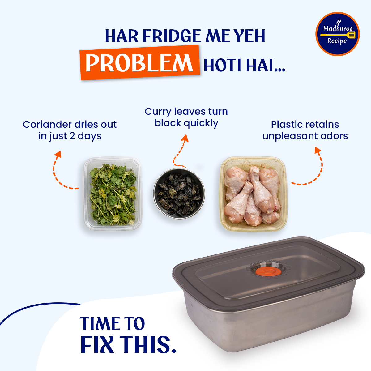 Madhuras Recipe Stainless Steel Medium Size (1000ml) Fridge Storage Containers (Pack of 3) – Airtight Steel containers perfect for Coriander, Curry Leaves, Fruits & Vegetables – Food Grade, Freeze Safe & Stackable