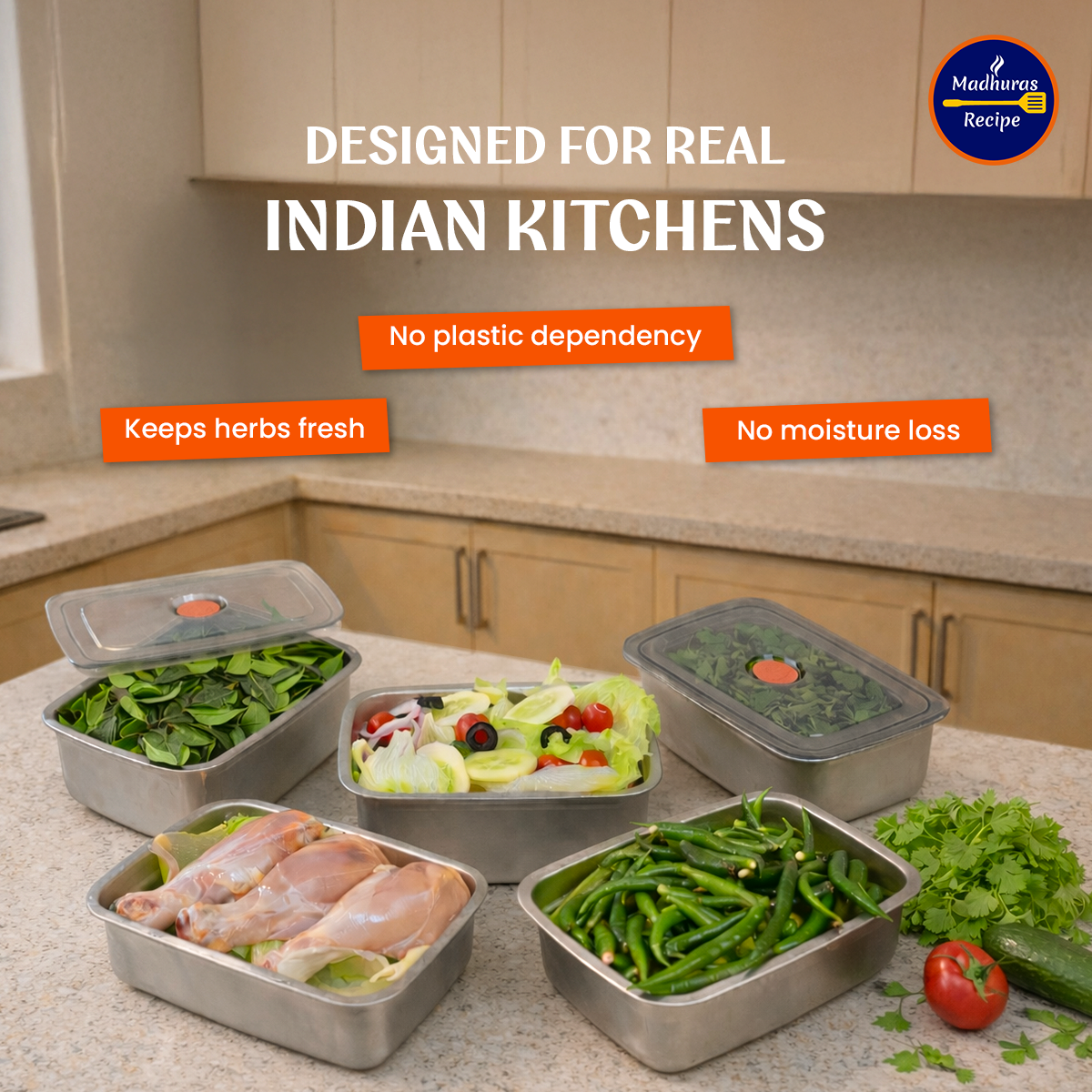 Madhuras Recipe Stainless Steel Medium Size (1000ml) Fridge Storage Containers (Pack of 3) – Airtight Steel containers perfect for Coriander, Curry Leaves, Fruits & Vegetables – Food Grade, Freeze Safe & Stackable