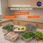 Madhuras Recipe Stainless Steel Medium Size (1000ml) Fridge Storage Containers (Pack of 3) – Airtight Steel containers perfect for Coriander, Curry Leaves, Fruits & Vegetables – Food Grade, Freeze Safe & Stackable