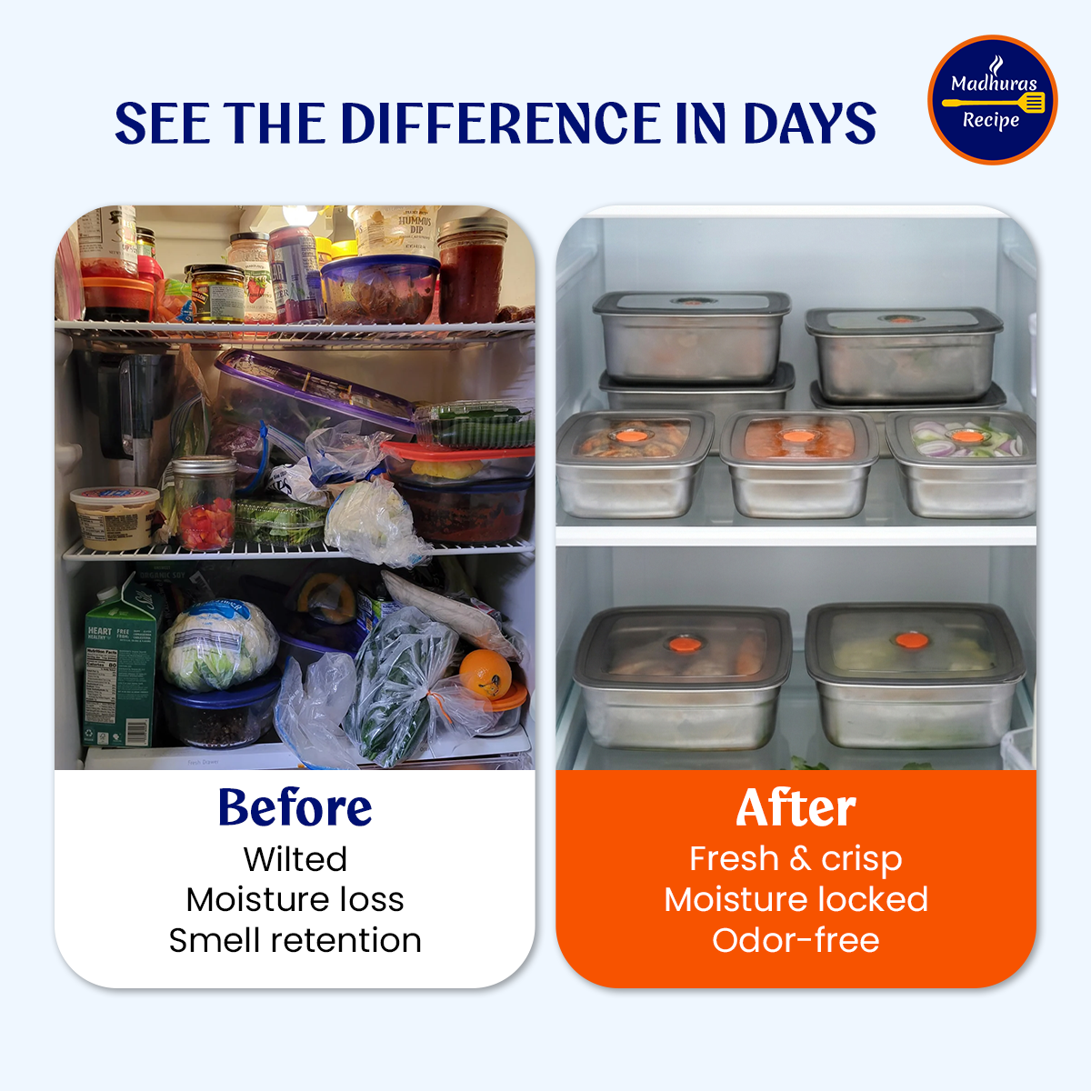 Madhuras Recipe Stainless Steel Medium Size (1000ml) Fridge Storage Containers (Pack of 3) – Airtight Steel containers perfect for Coriander, Curry Leaves, Fruits & Vegetables – Food Grade, Freeze Safe & Stackable