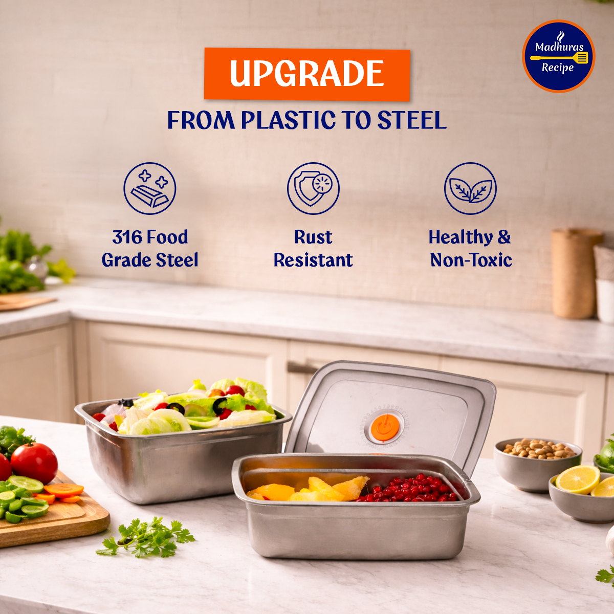 Madhuras Recipe Stainless Steel Medium Size (1000ml) Fridge Storage Containers (Pack of 3) – Airtight Steel containers perfect for Coriander, Curry Leaves, Fruits & Vegetables – Food Grade, Freeze Safe & Stackable