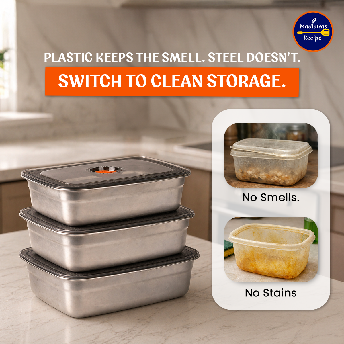 Madhuras Recipe Stainless Steel Medium Size (1000ml) Fridge Storage Containers (Pack of 3) – Airtight Steel containers perfect for Coriander, Curry Leaves, Fruits & Vegetables – Food Grade, Freeze Safe & Stackable