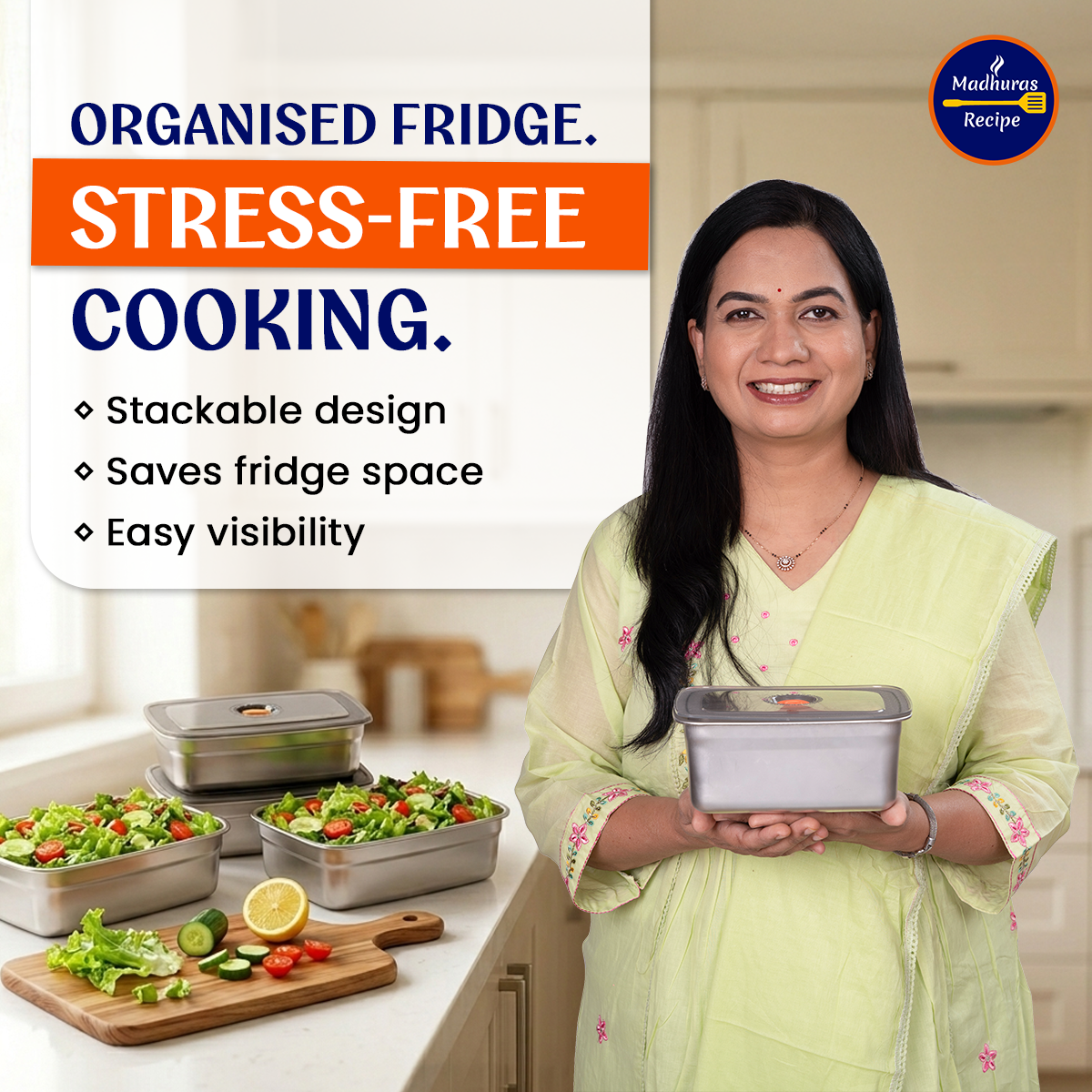 Madhuras Recipe Stainless Steel Medium Size (1000ml) Fridge Storage Containers (Pack of 3) – Airtight Steel containers perfect for Coriander, Curry Leaves, Fruits & Vegetables – Food Grade, Freeze Safe & Stackable