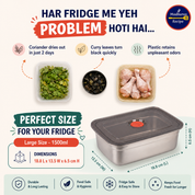 Madhuras Recipe Stainless Steel Large Size (1500ml) Fridge Storage Containers (Pack of 3) – Airtight Steel containers perfect for Coriander, Curry Leaves, Fruits & Vegetables – Food Grade, Freeze Safe & Stackable