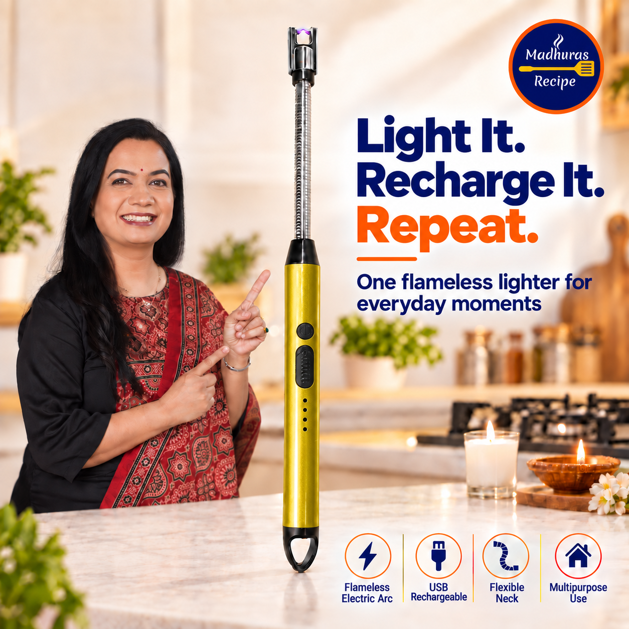 Madhura’s Recipe USB Rechargeable Electric Lighter | Flameless Arc Kitchen & Candle Lighter