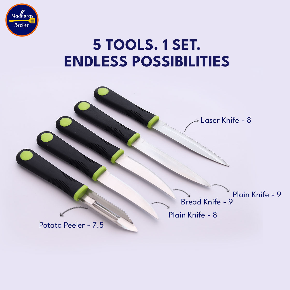 Madhura’s Recipe Premium 5-Piece Knife Set – SS420 Food-Grade Blades with Soft-Grip Handles, Sharp, Durable
