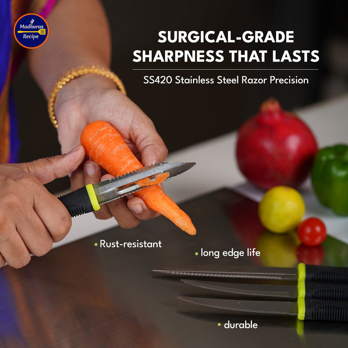 Premium kitchen knife slicing fruit with a sharp stainless steel blade