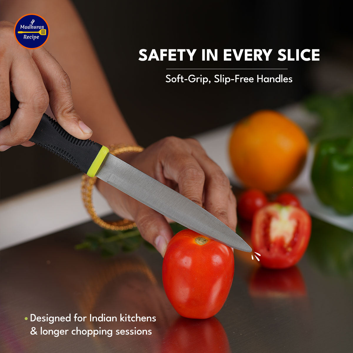 Kitchen knife with ergonomic black soft-grip handle