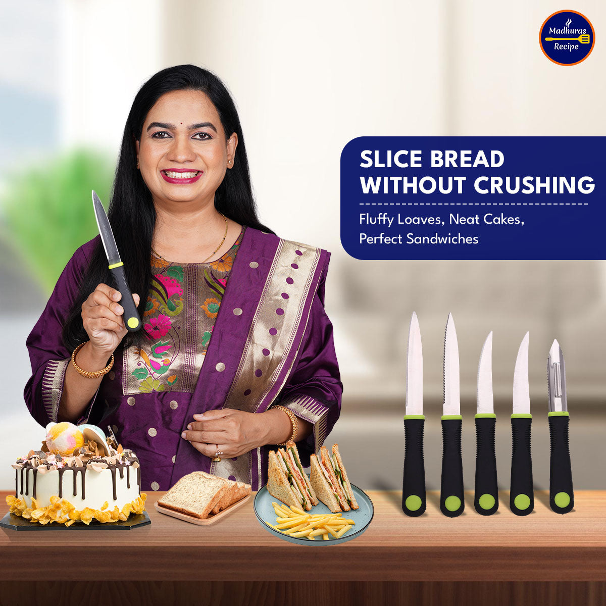 Madhura’s Recipe Premium 5-Piece Knife Set – SS420 Food-Grade Blades with Soft-Grip Handles, Sharp, Durable