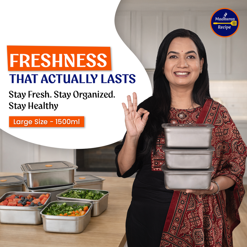 Madhura’s Recipe Stainless Steel Fridge Storage Containers – 1500ml, Pack of 3