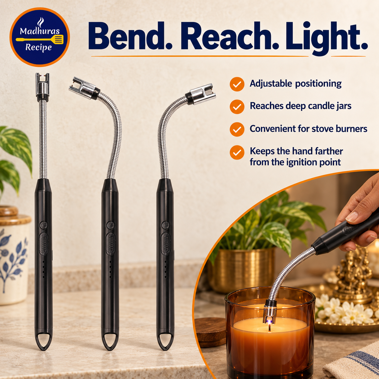 Madhura’s Recipe USB Rechargeable Electric Lighter | Flameless Arc Kitchen & Candle Lighter