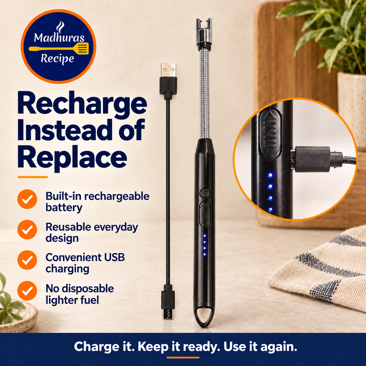 Madhura’s Recipe USB Rechargeable Electric Lighter | Flameless Arc Kitchen & Candle Lighter