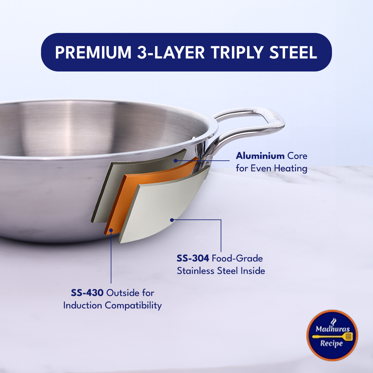 Triply stainless steel kadhai showing three-layer construction
