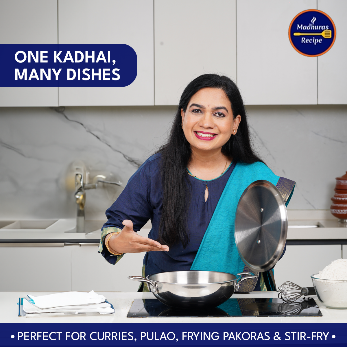 Madhura’s Recipe Premium Stainless Steel Triply Kadhai with Lid – 24 cm, 2.5 L Capacity, Induction & Gas Compatible, Heavy Duty, Less Oil, Healthy Cooking