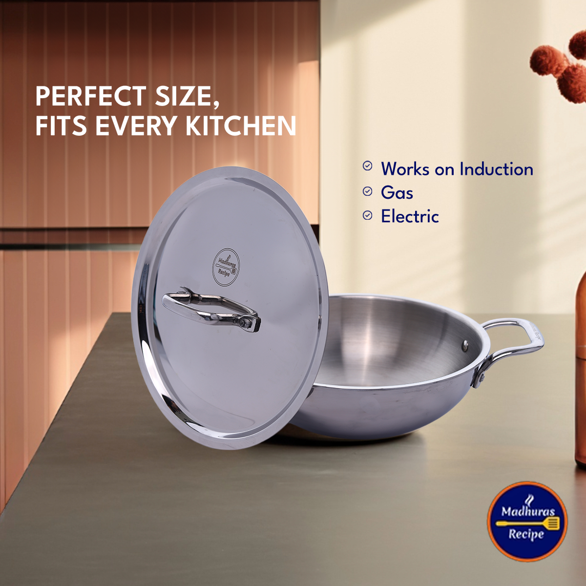 Madhura’s Recipe Premium Stainless Steel Triply Kadhai with Lid – 24 cm, 2.5 L Capacity, Induction & Gas Compatible, Heavy Duty, Less Oil, Healthy Cooking
