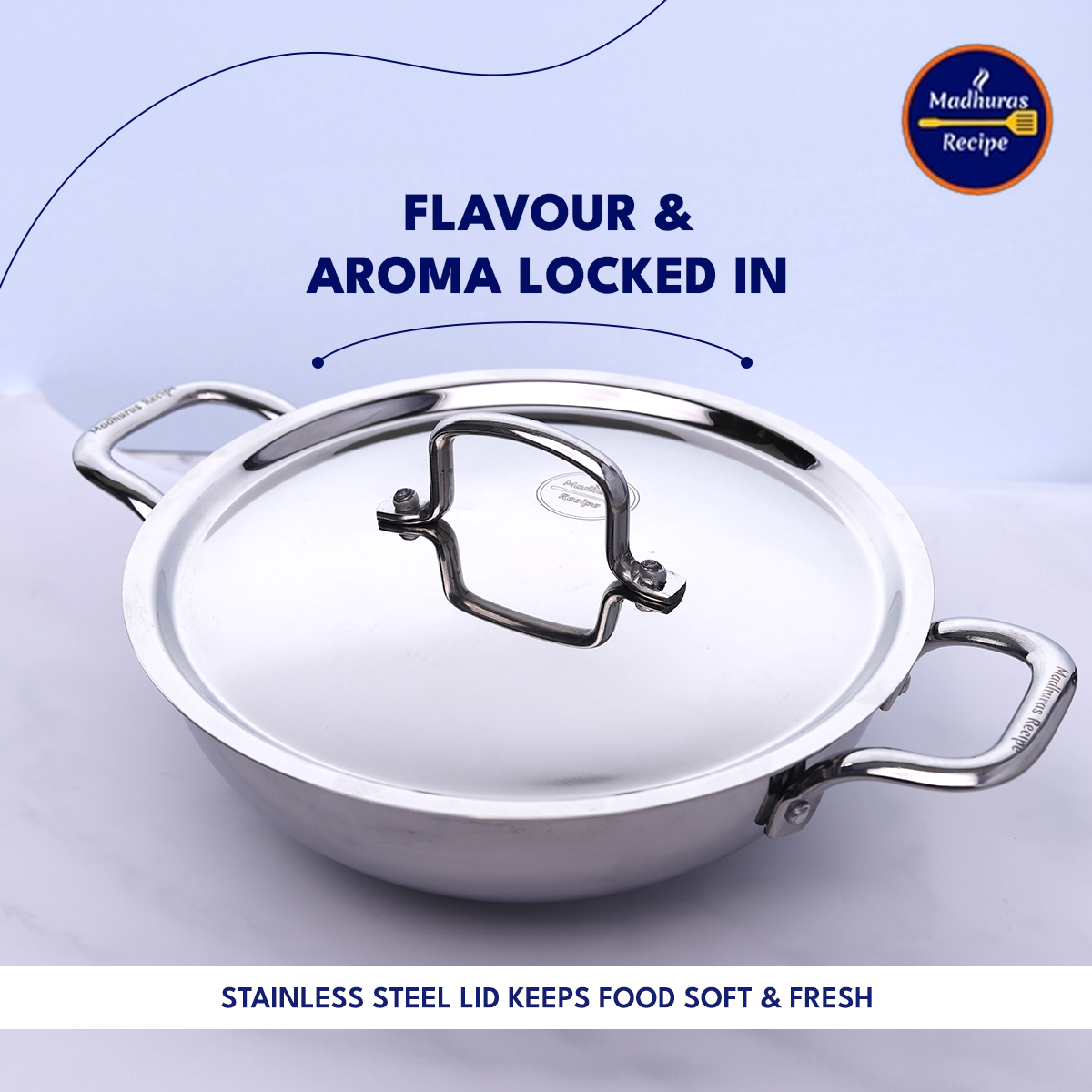 Madhura’s Recipe Premium Stainless Steel Triply Kadhai with Lid – 24 cm, 2.5 L Capacity, Induction & Gas Compatible, Heavy Duty, Less Oil, Healthy Cooking