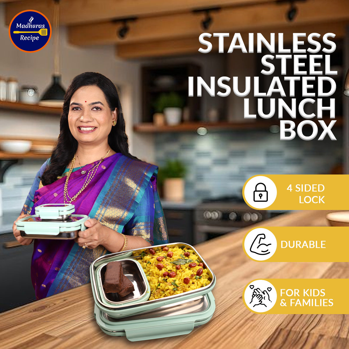 Madhura’s Recipe Stainless Steel Lunch Box for Kids & Family, airtight, easy to carry, Durable & food-Safe, Perfect for Everyday Use, school and office