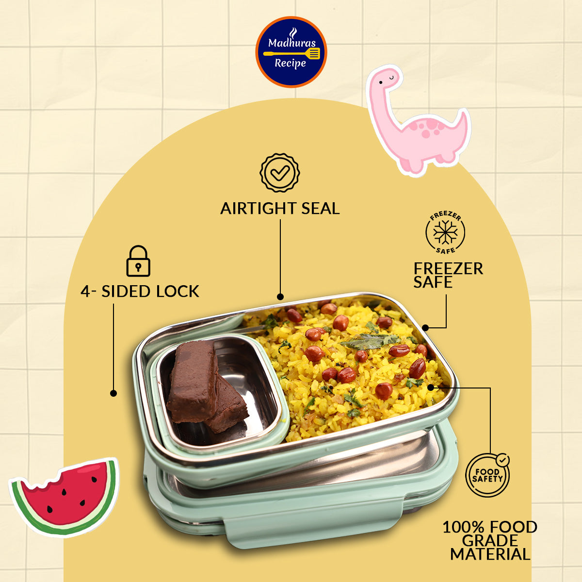 Madhura’s Recipe Stainless Steel Lunch Box for Kids & Family, airtight, easy to carry, Durable & food-Safe, Reusable; Built to Last