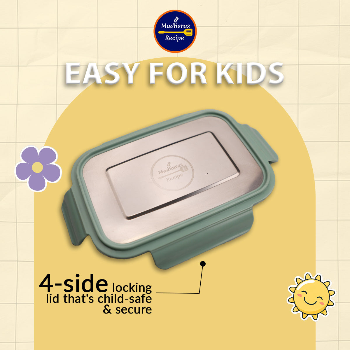 Stainless steel lunch box with four-sided locking lid