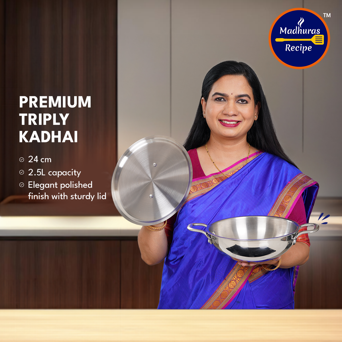Madhura’s Recipe Premium Triply Kadhai with Lid – 24cm, 2.5L