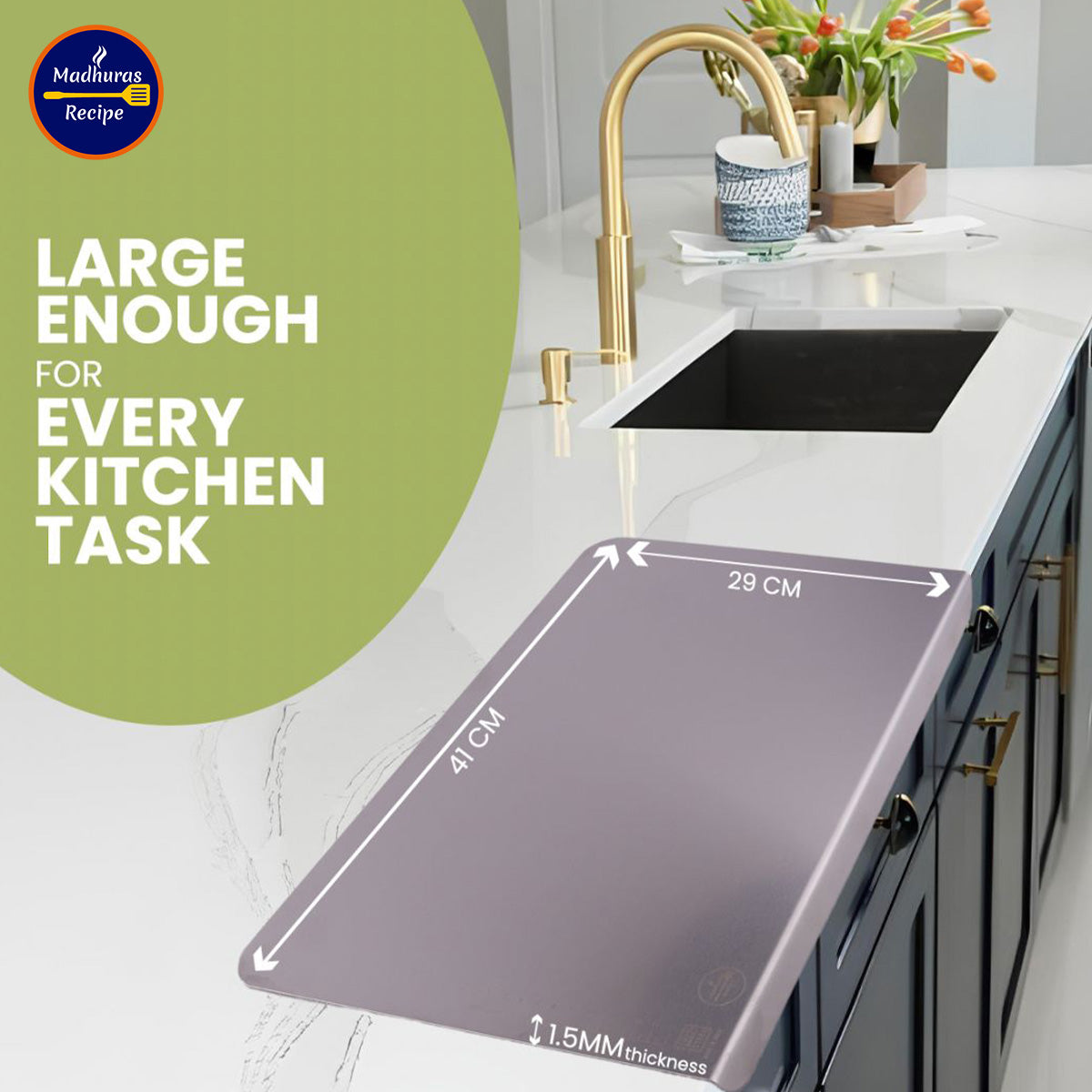 Large 41 by 29 centimetre stainless steel chopping board with food ingredients