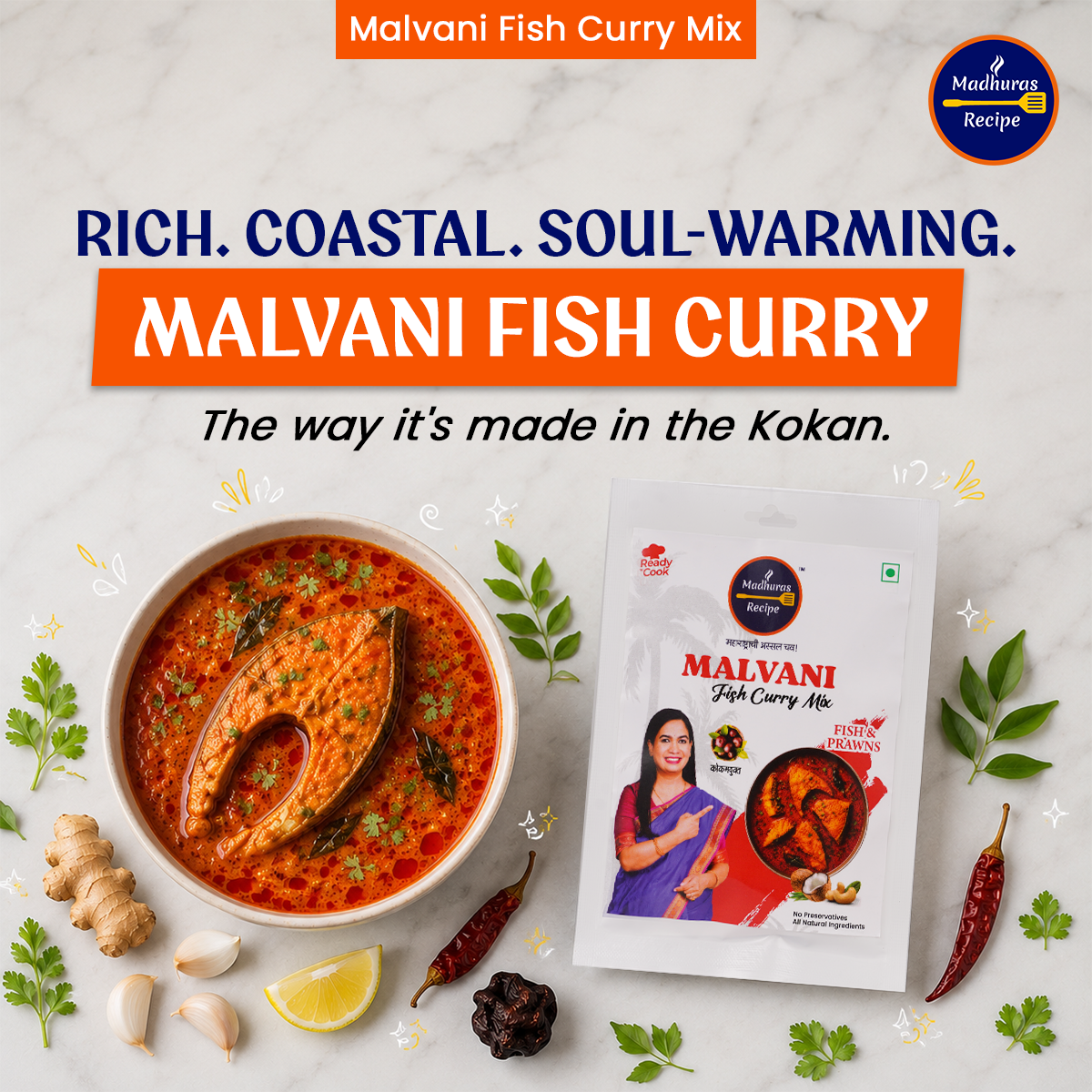 Madhura's Recipe Malvani Fish Curry Mix | Ready-to-Cook Fish Curry Masala | Authentic Maharashtrian Premix | Pack of 3 (50g Each)