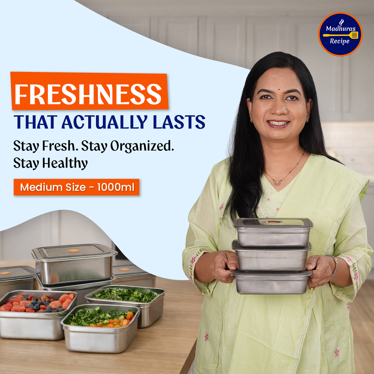 Madhuras Recipe Stainless Steel Medium Size (1000ml) Fridge Storage Containers (Pack of 3) – Airtight Steel containers perfect for Coriander, Curry Leaves, Fruits & Vegetables – Food Grade, Freeze Safe & Stackable