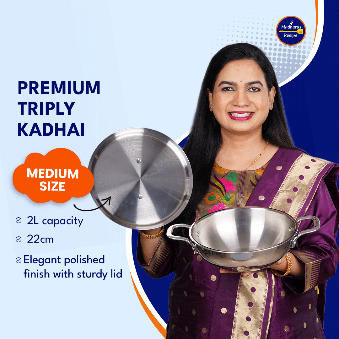 Madhura’s Recipe Premium Medium Size Stainless Steel Triply Kadhai with Lid – 22 cm, 2 L Capacity, Induction & Gas Compatible