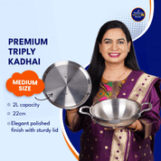 Madhura’s Recipe Premium Medium Size Stainless Steel Triply Kadhai with Lid – 22 cm, 2 L Capacity, Induction & Gas Compatible