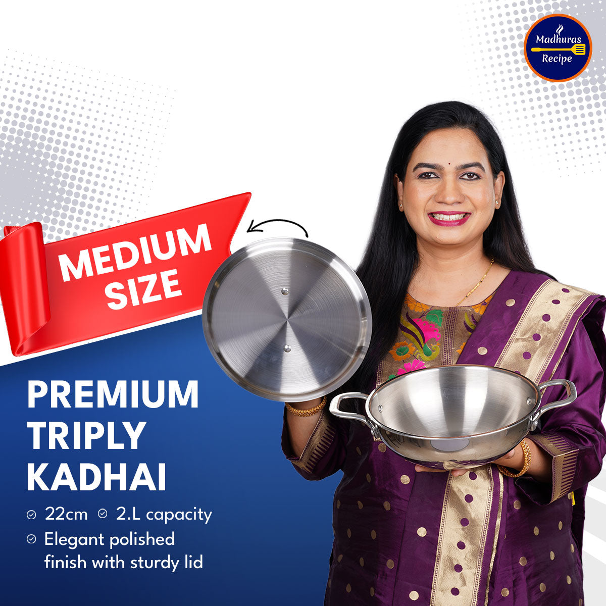 Madhura’s Recipe Premium Medium Size Stainless Steel Triply Kadhai with Lid – 22 cm, 2 L Capacity, Induction & Gas Compatible