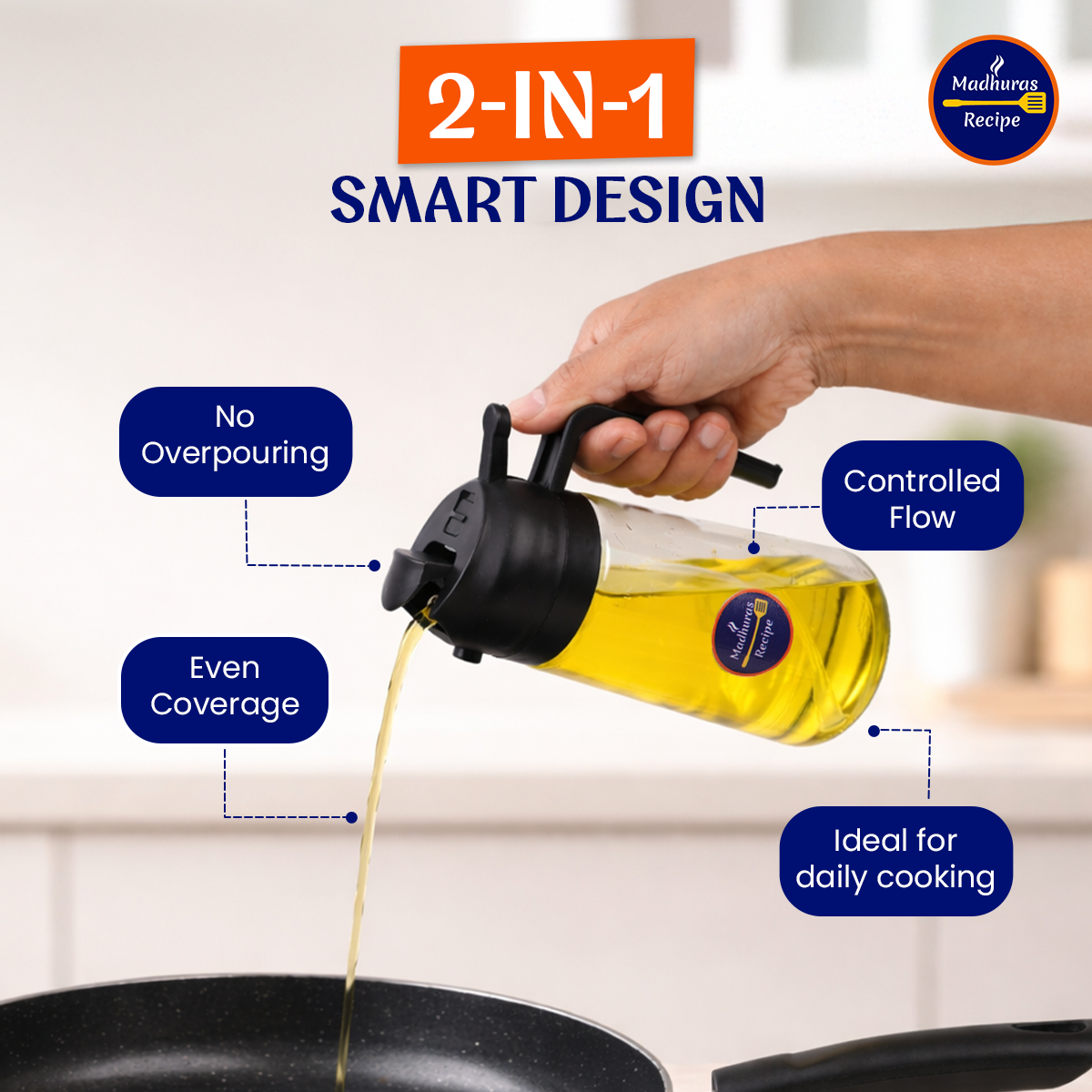 Two-in-one glass oil dispenser showing spray and pour functionality