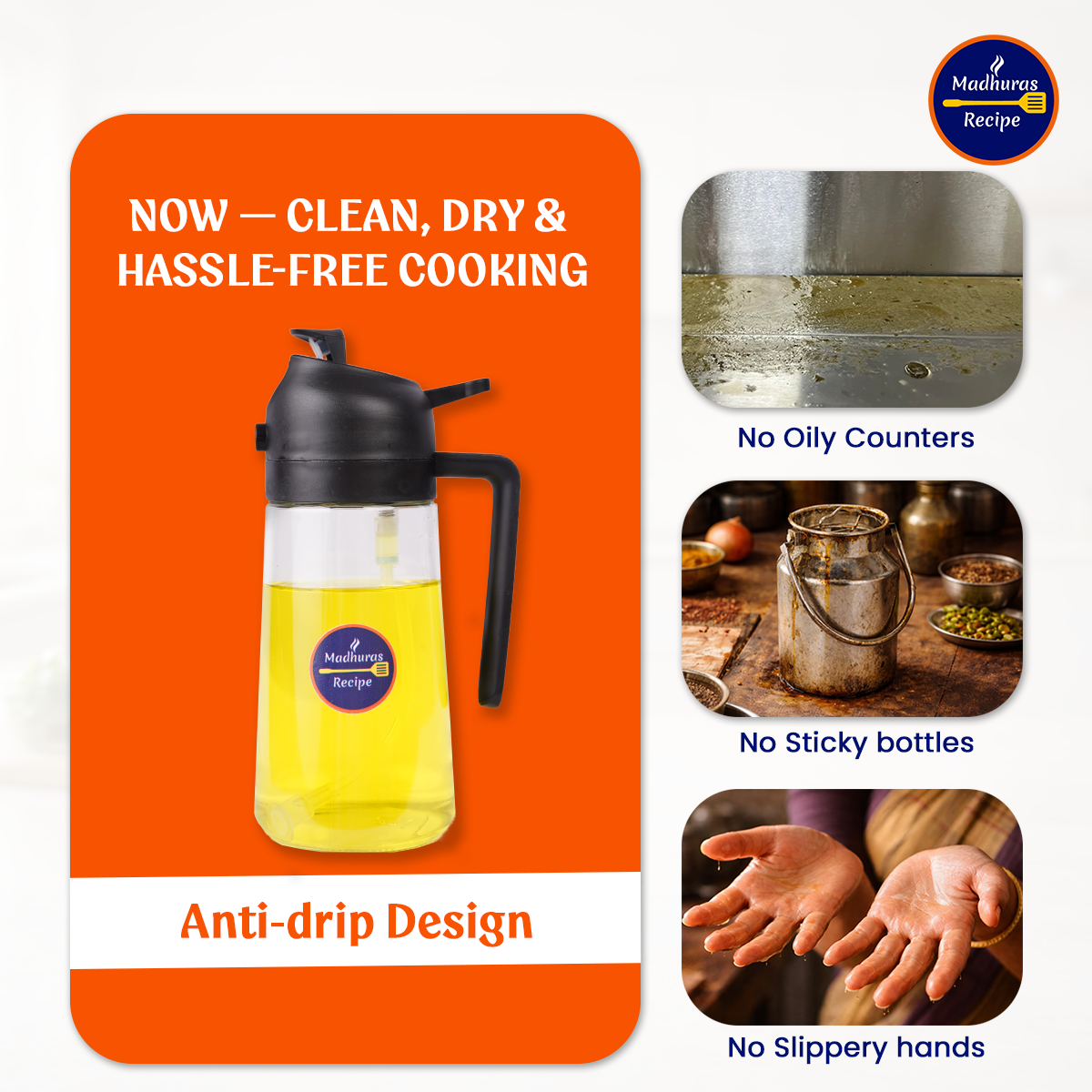 Madhura’s Recipe 2-in-1 Glass Oil Dispenser & Sprayer – 500ml